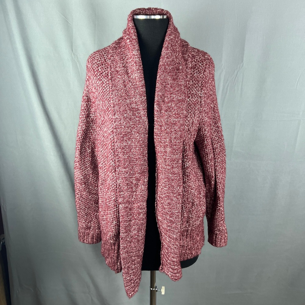 Ava & ViV Cardigan Sweater Womens X Marled Burgundy Shawl Collar Knit Open Front